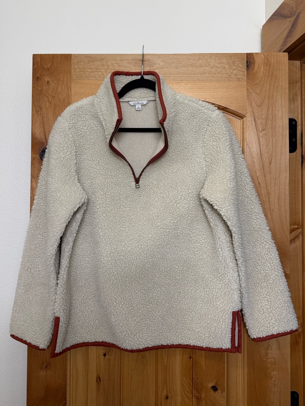 LL Bean Cream Sherpa Pullover with Rust Trim